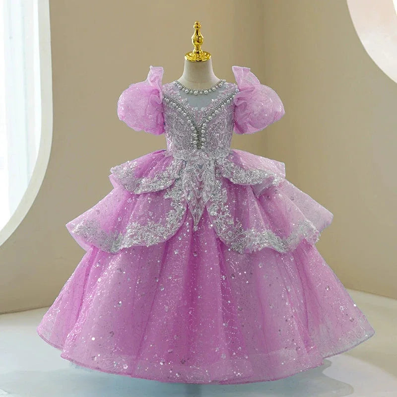 Sparkly Beaded Ruffle Tulle Girl's Gown