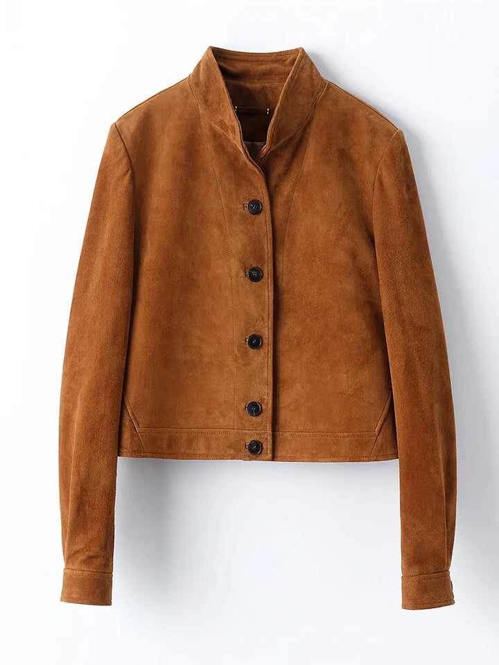 Brown suede jacket front with stand collar and three-button placket, cropped length.