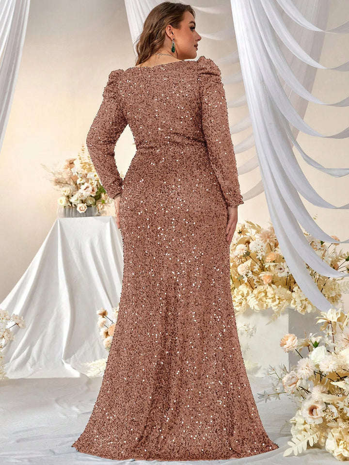 Sequins Square Neck Plus Size Evening Dress