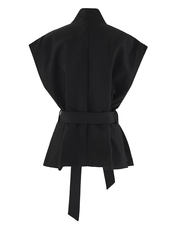 Black belted vest with stand collar and draped shoulder shape