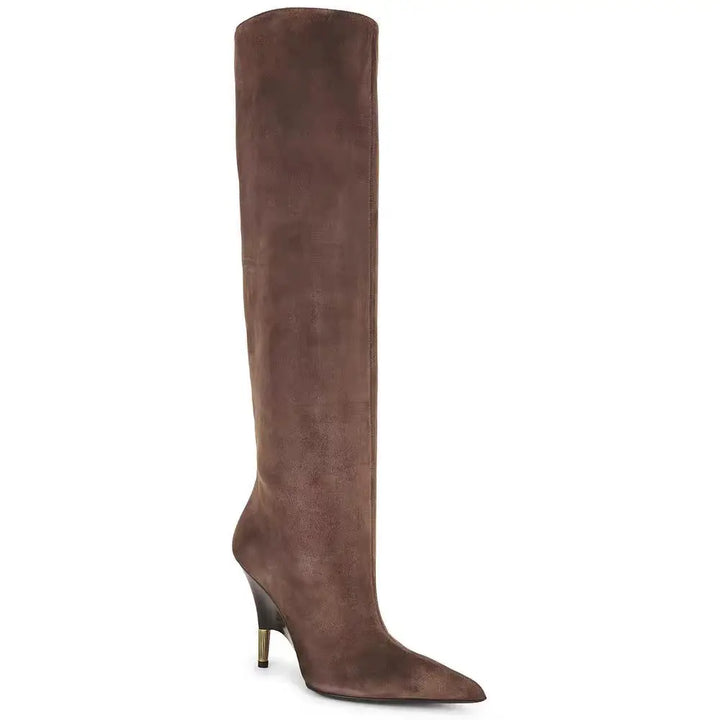 Brown faux suede knee-high boots with stiletto heel and sleek pointed toe