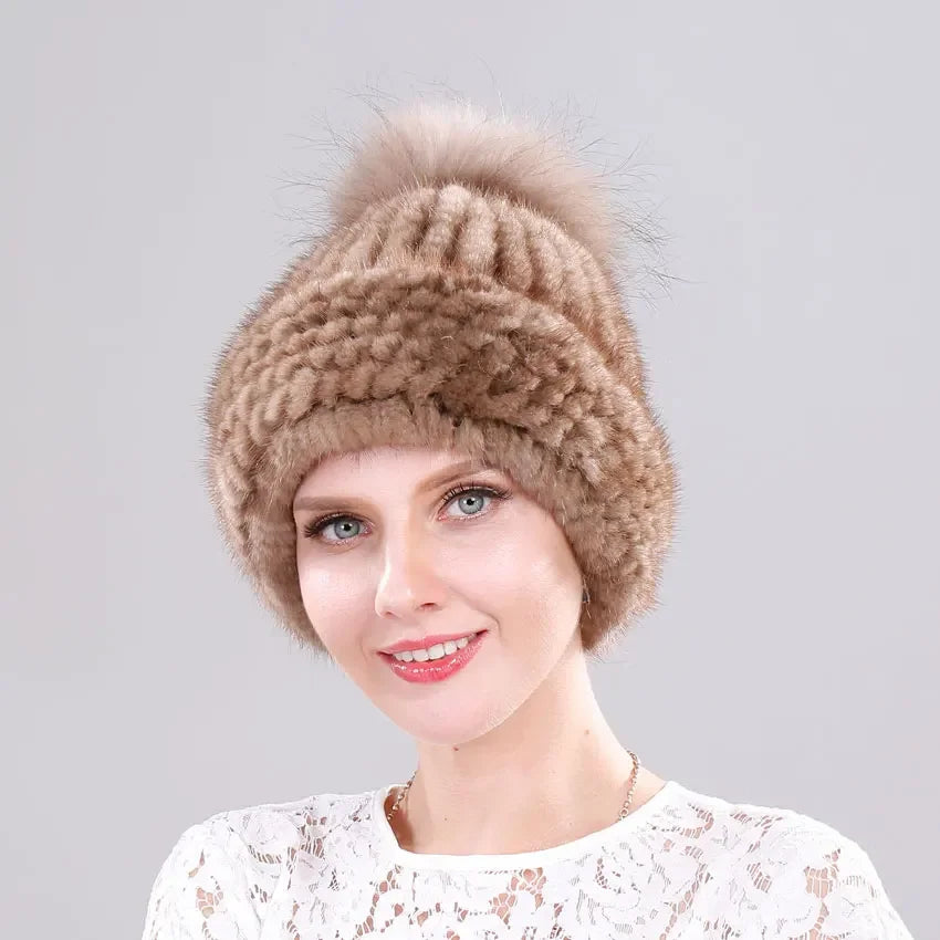 Luxury Fur Pompom Knitted Beanie Cap