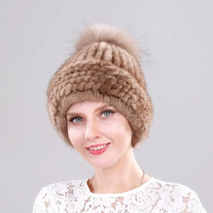 Luxury Fur Pompom Knitted Beanie Cap