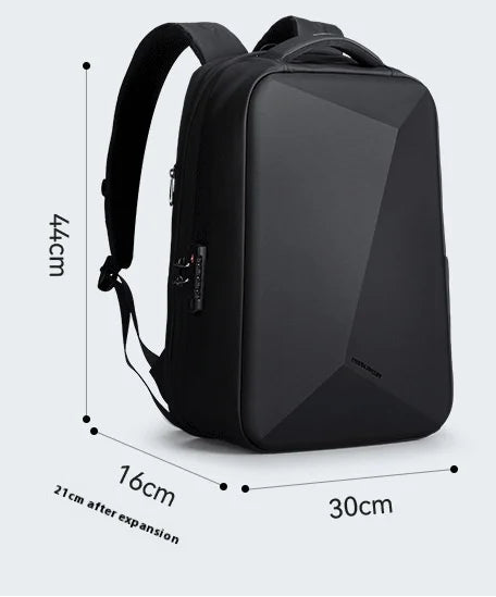 Black expandable laptop backpack with padded laptop sleeve and front zipper pocket