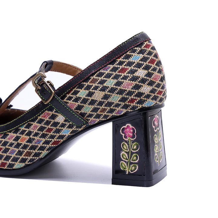 Plaid pump upper detail with ankle strap and floral-decorated square block heel