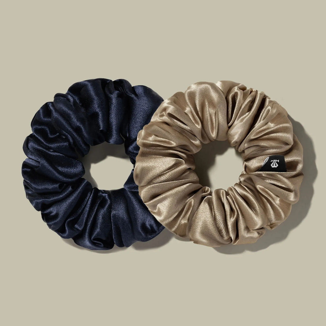 Navy blue and champagne-gold satin scrunchie ponytail hair bands with gathered elastic