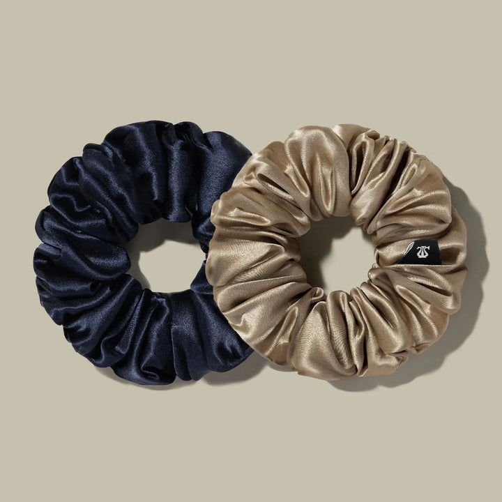 Navy blue and champagne-gold satin scrunchie ponytail hair bands with gathered elastic