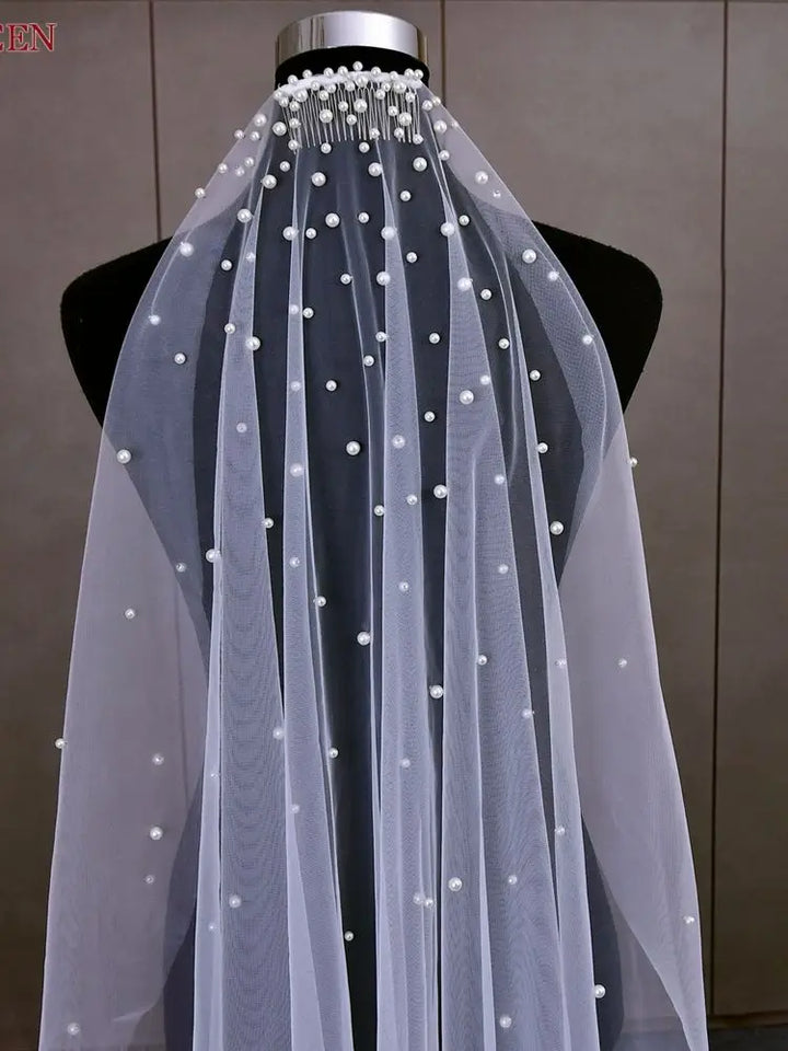 Lovely Pearl Beaded Soft Bridal Veil