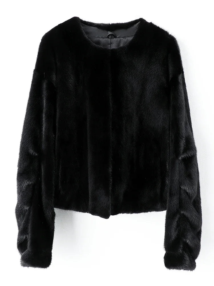 Black short mink fur jacket, round collar and button front close-up