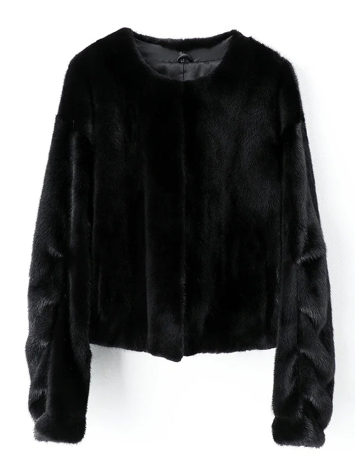 Black short mink fur jacket, round collar and button front close-up