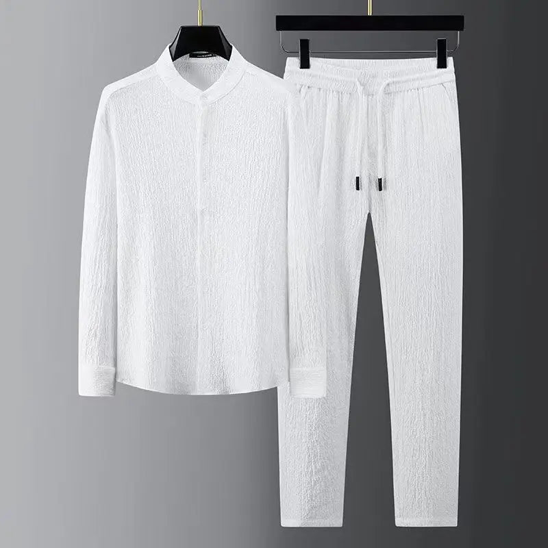 White men’s button-up shirt with matching drawstring trousers set