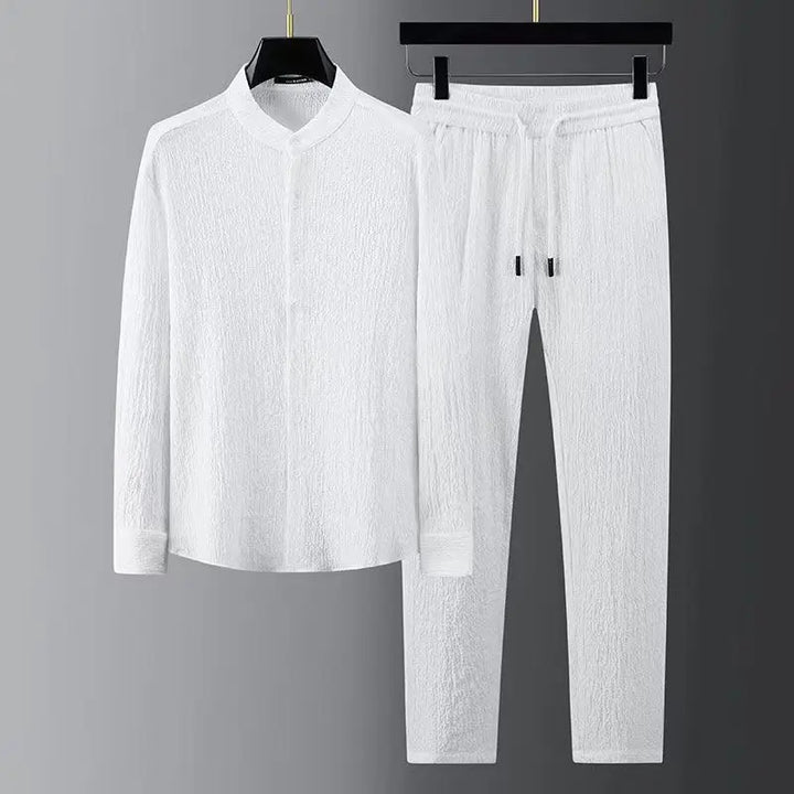 White men’s button-up shirt with matching drawstring trousers set