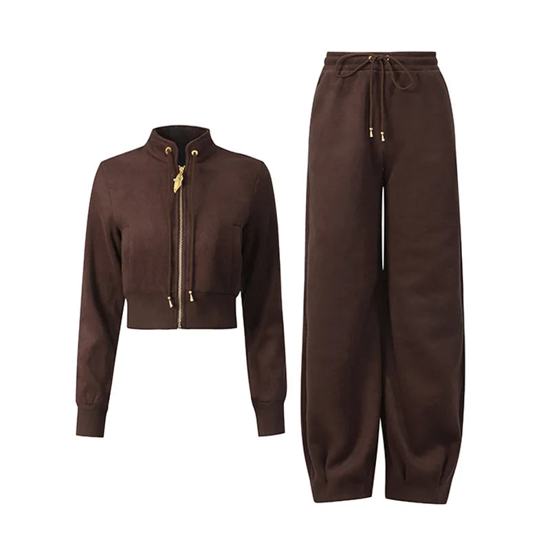 Coffee brown tracksuit set: zip-front jacket and drawstring jogger pants
