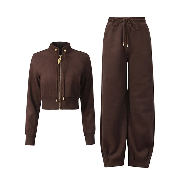 Coffee brown tracksuit set: zip-front jacket and drawstring jogger pants
