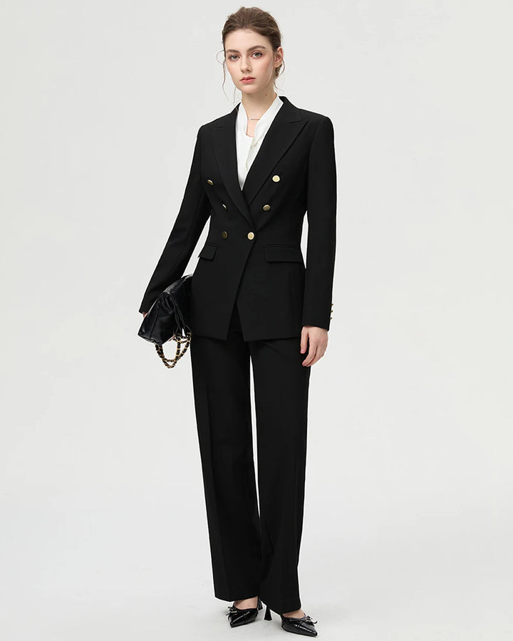 Women’s black two-piece office suit set with gold-button blazer and wide, straight trousers