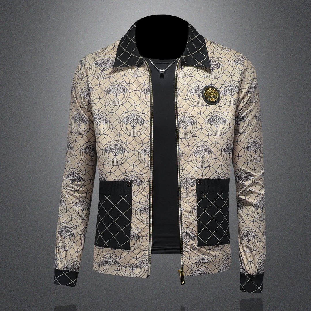 Men's printed lapel jacket in beige with navy patterned panels, black stand collar, zip front