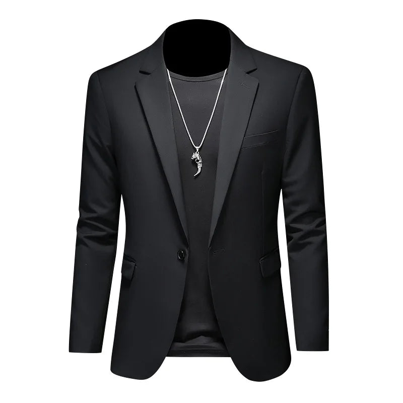 Black slim fit single-breasted blazer with notch lapels, button front, and flap side pockets
