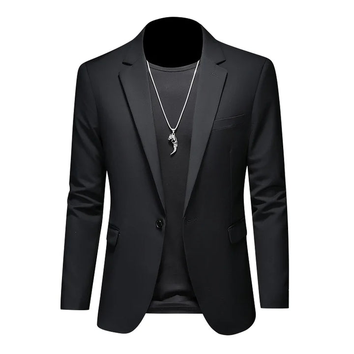 Black slim fit single-breasted blazer with notch lapels, button front, and flap side pockets