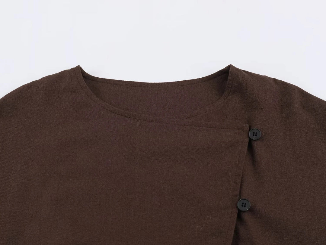 Dark brown O-neck casual coat front with button placket and clean neckline