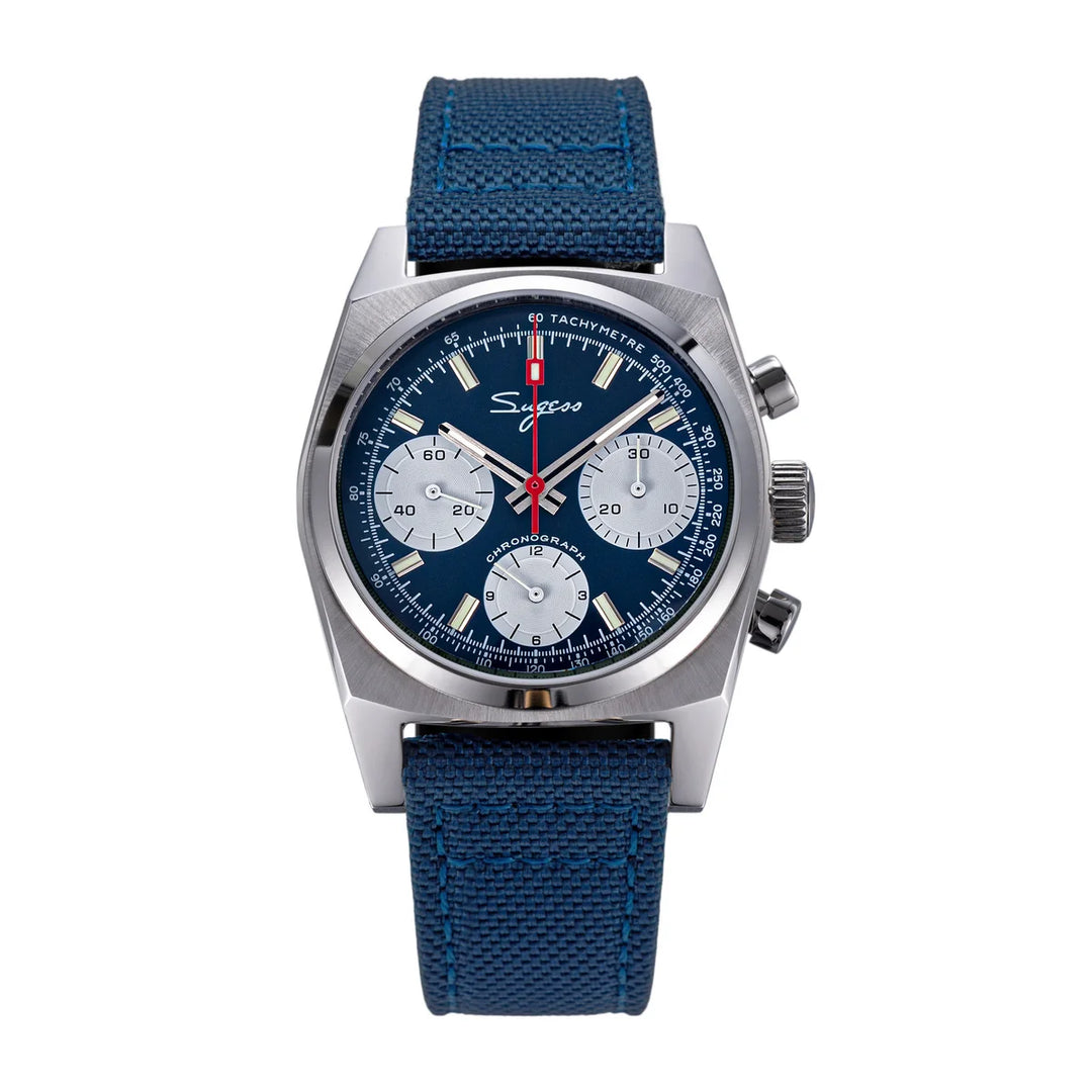 Silver chronograph watch with blue dial, blue fabric strap and three subdials