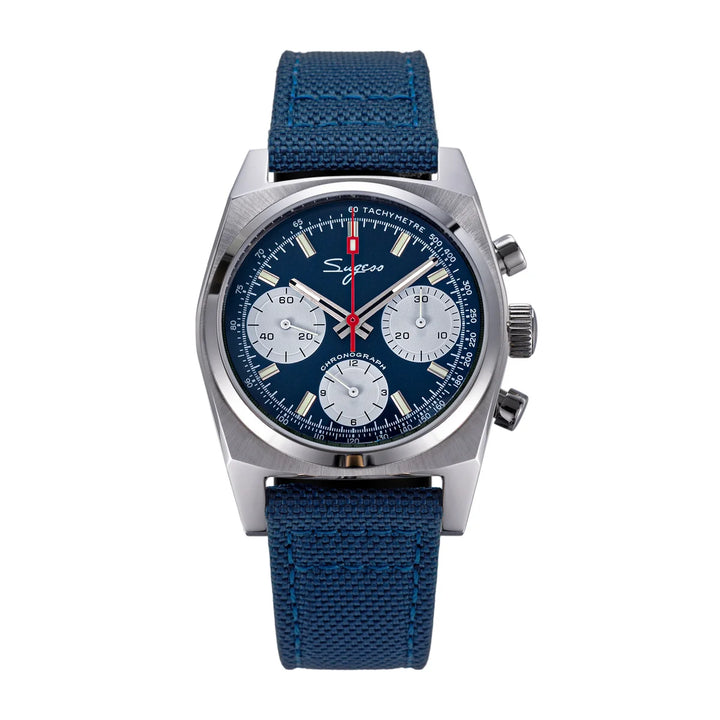 Silver chronograph watch with blue dial, blue fabric strap and three subdials