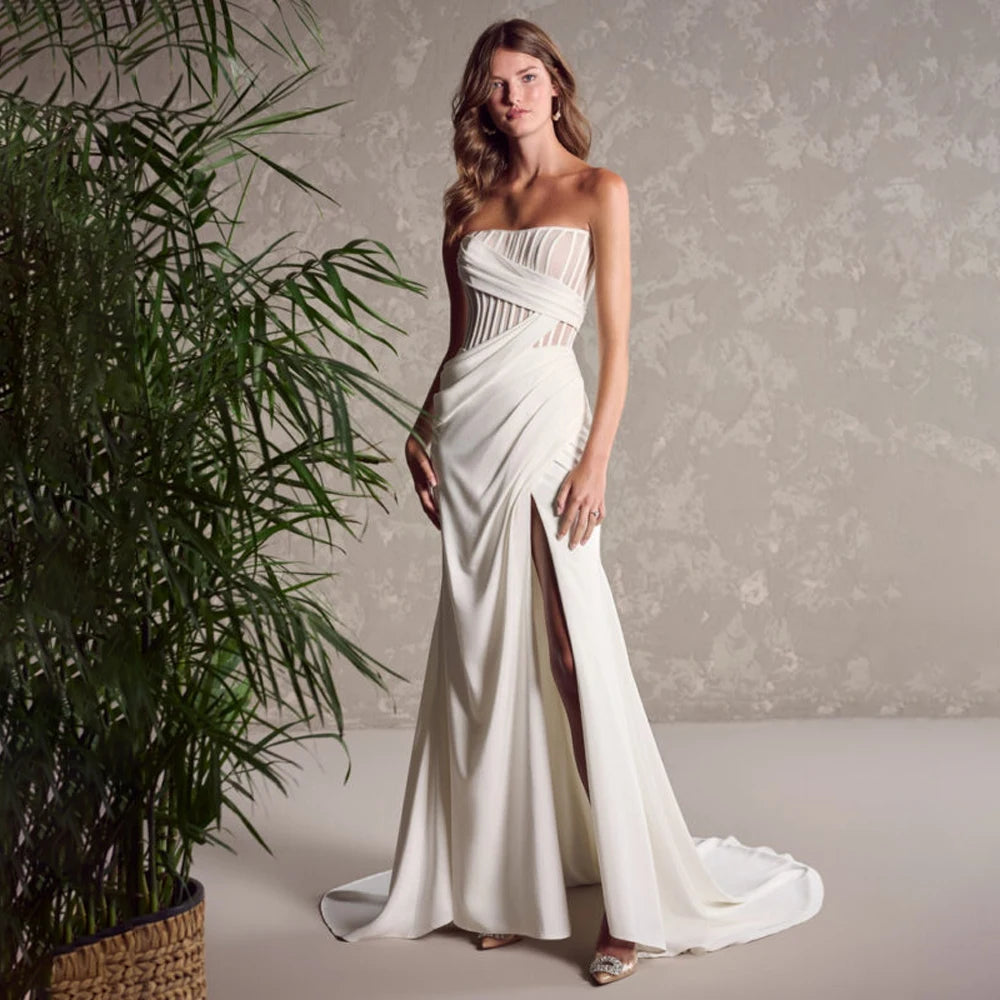 Elegant Crepe Sheath Wedding Gown With Pleated Detachable Waist