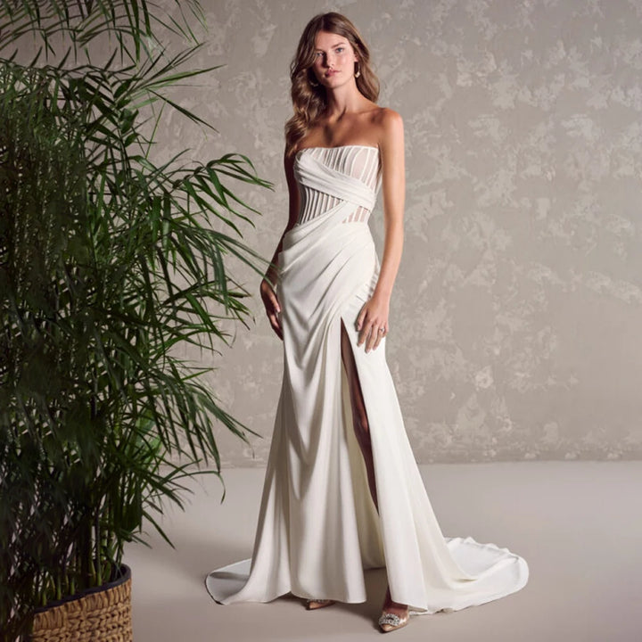 Elegant Crepe Sheath Wedding Gown With Pleated Detachable Waist