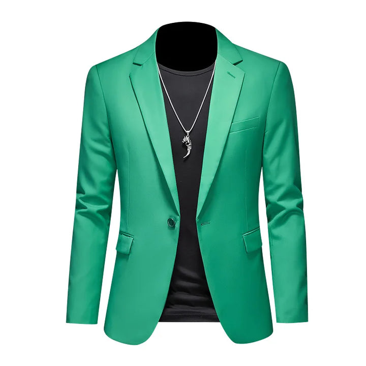 Green slim fit single-breasted blazer with notch lapels, button front, and flap side pockets