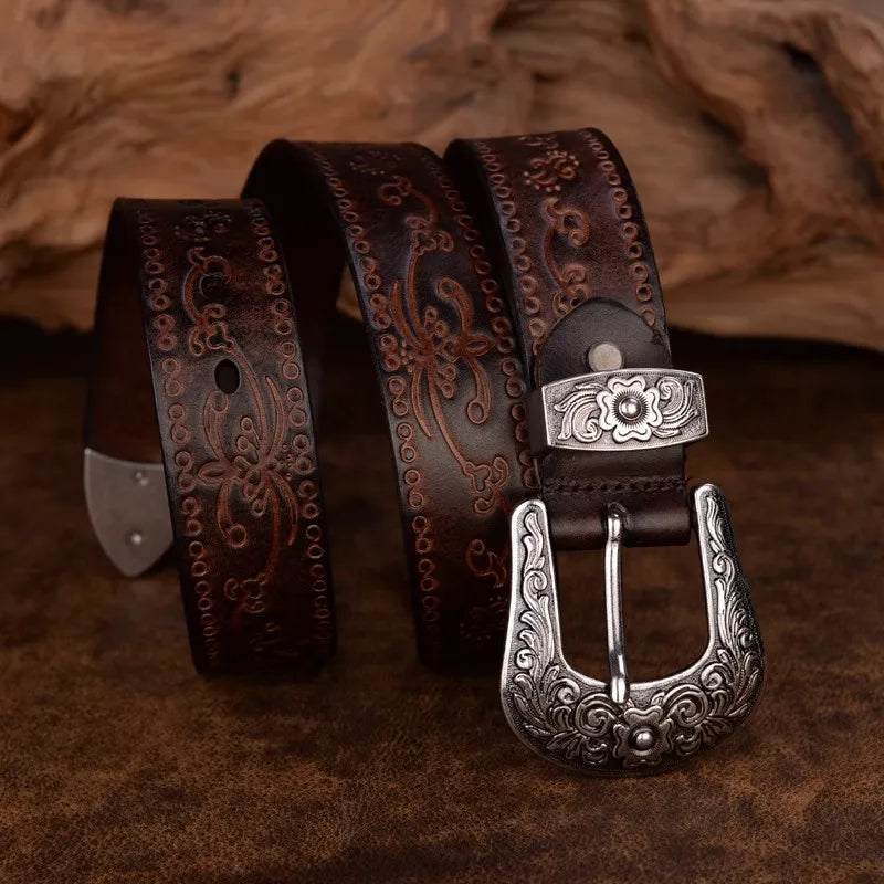 Punk Embossed Western Cowboy Leather Belt