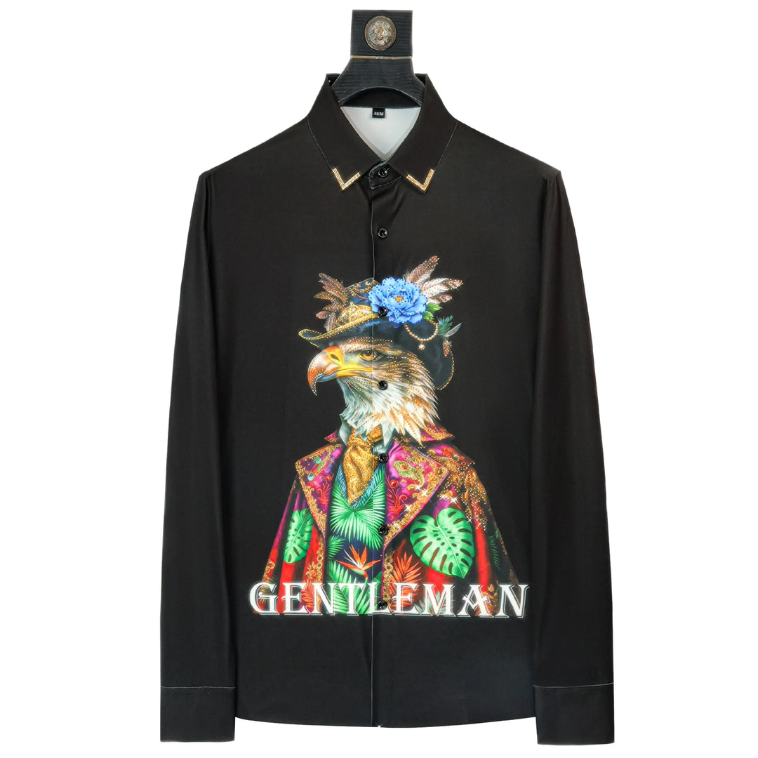 Men's black slim button-up shirt with rhinestone bird graphic and 'GENTLEMAN' text