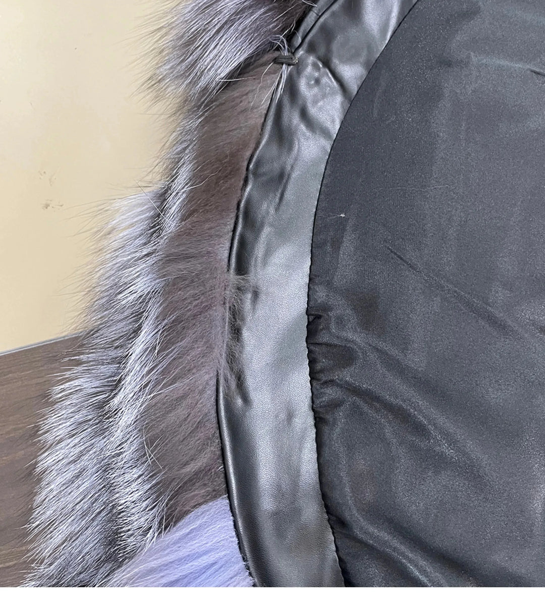 Grey fox fur coat edge with inner satin lining and hook closure