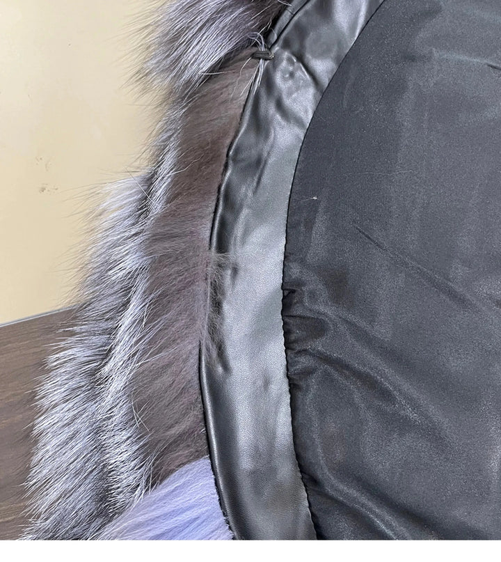 Grey fox fur coat edge with inner satin lining and hook closure