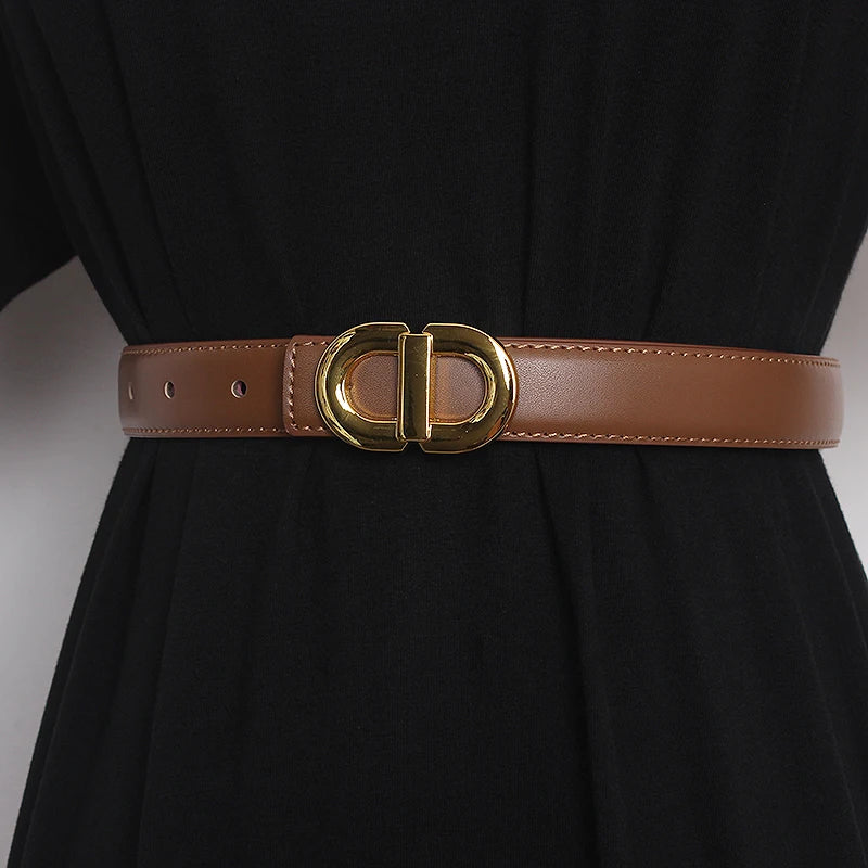 Coffee brown narrow leather waist belt with gold-tone double D buckle and stitched edges