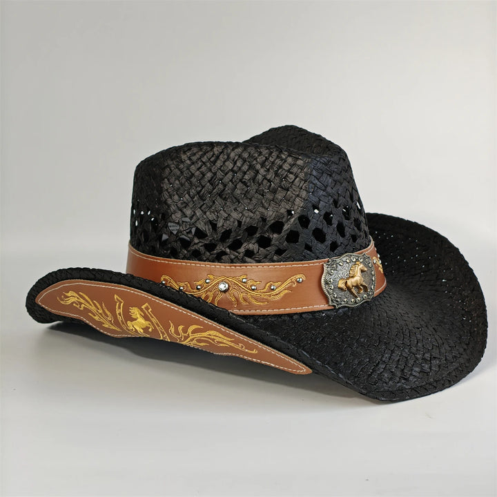 Black woven cowboy sun hat with brown leather band, gold floral design, and bull badge