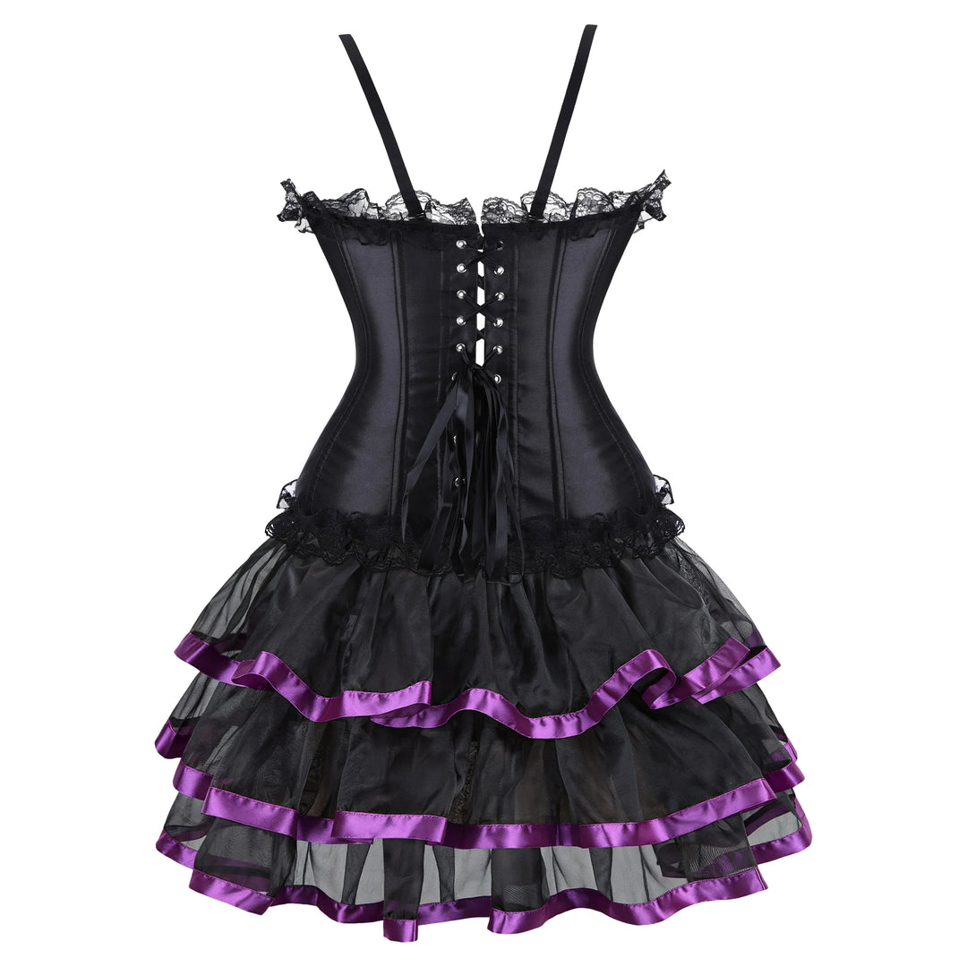 Black corset dress with tiered ruffle skirt and purple satin trim, lace top
