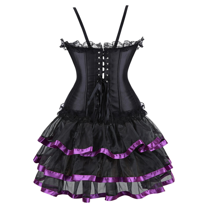 Black corset dress with tiered ruffle skirt and purple satin trim, lace top