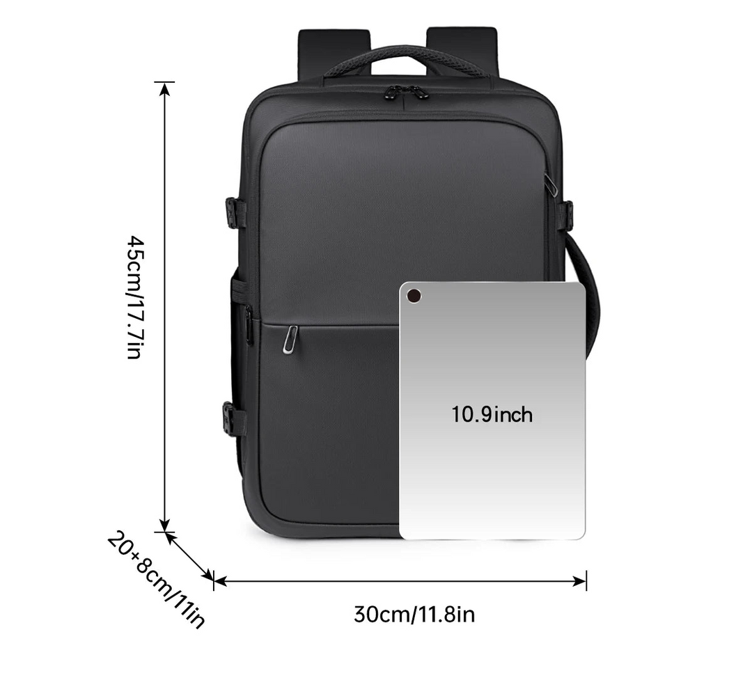 Black business backpack with front laptop-sized compartment and top carry handle