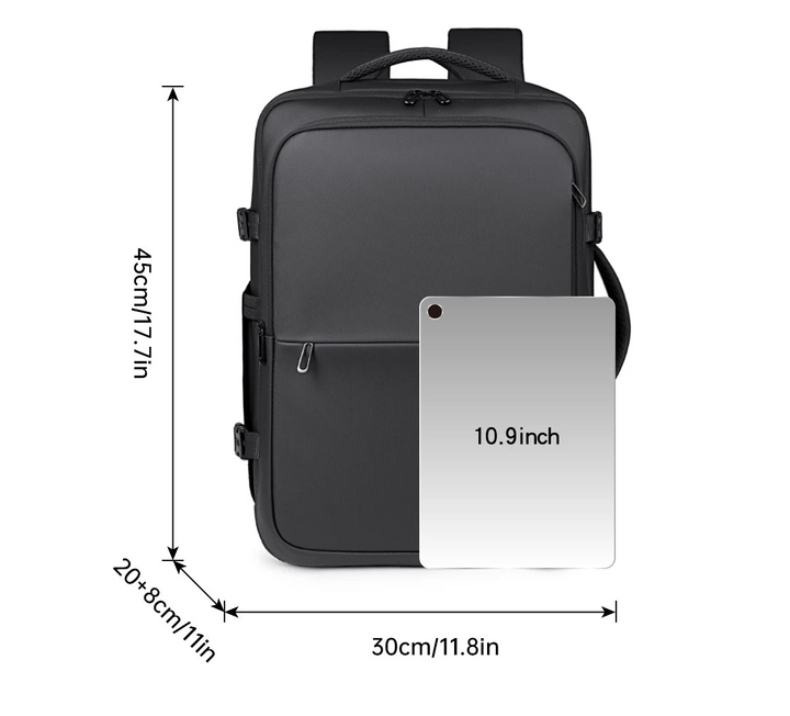 Black business backpack with front laptop-sized compartment and top carry handle