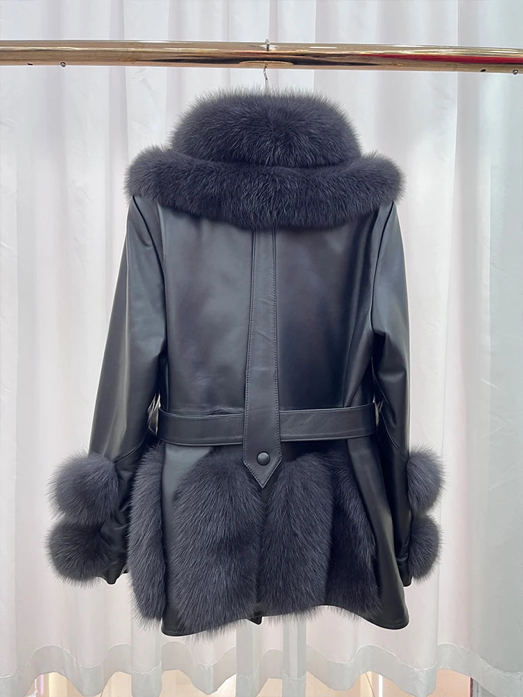 Back view of black leather coat with high faux-fur collar, waist belt, and fur cuffs