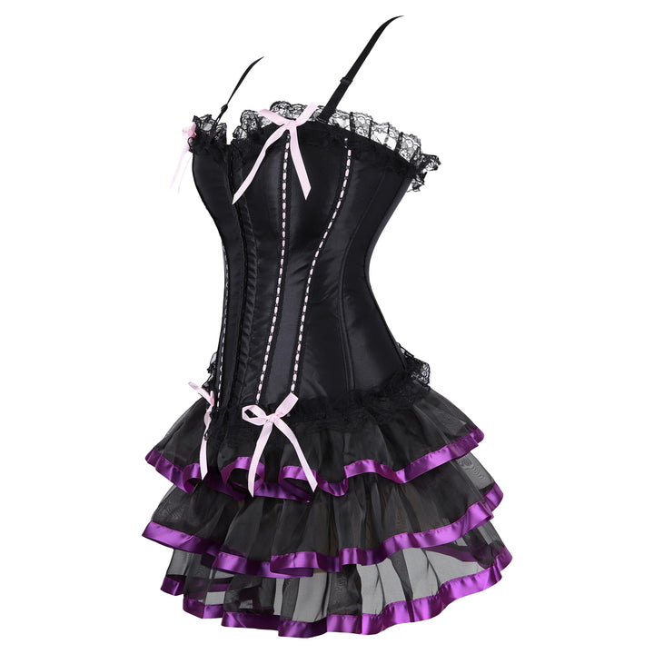 Black corset dress with lace neckline, pink ribbon ties, and layered ruffle hem
