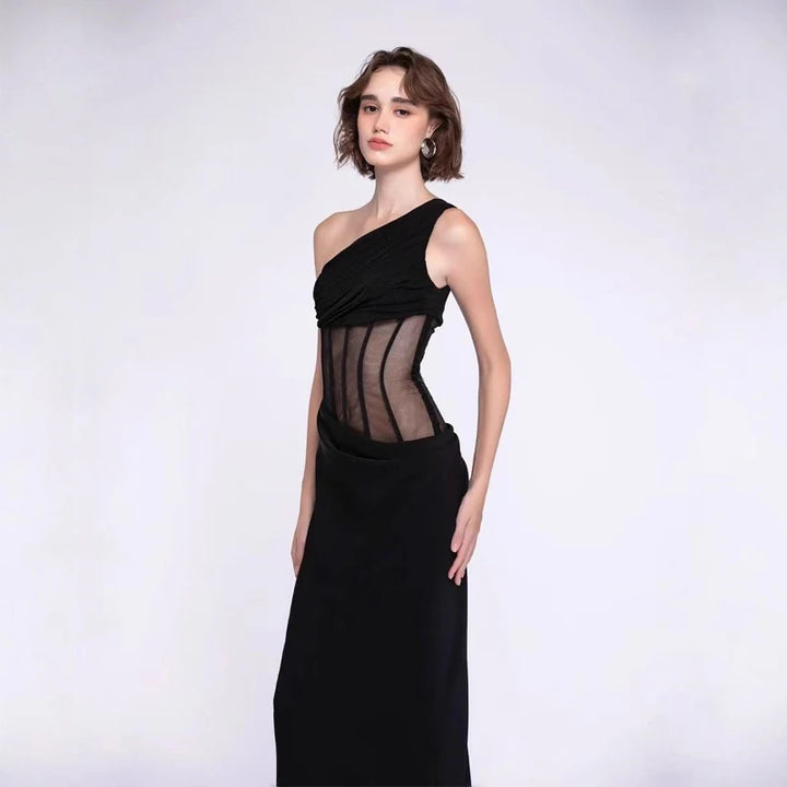 Radiant Slanted Shoulder Mesh Party Dress