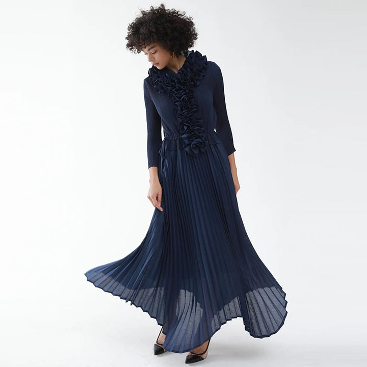 Pleated Scarf Collar Dress