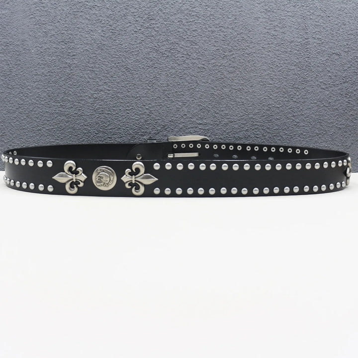 Black leather belt with silver studs and decorative buckles on a gray background