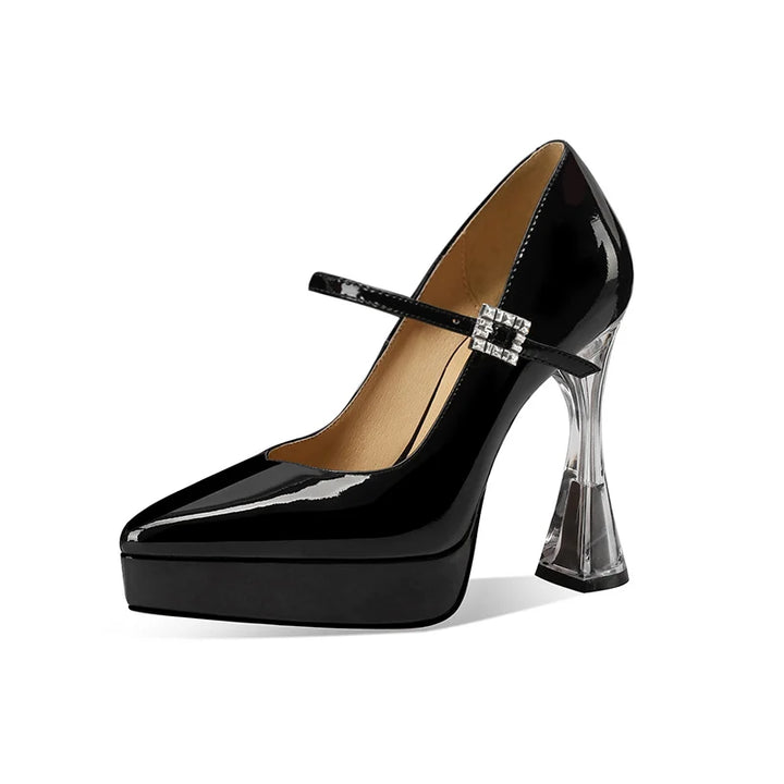 Black patent leather platform heel pumps with ankle strap and square buckle