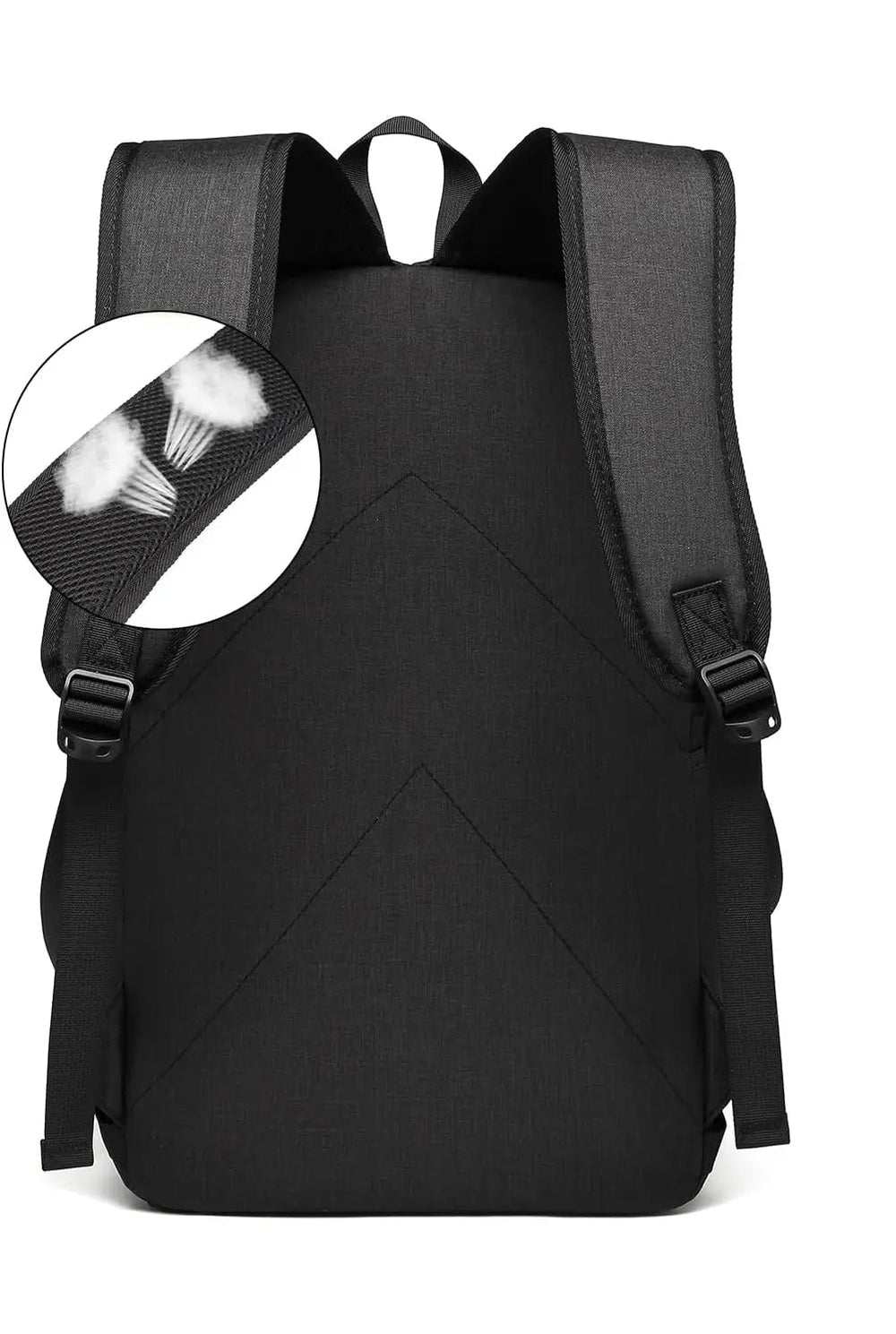 Black anti-theft laptop backpack with hidden front pocket, water-repellent fabric, and buckles
