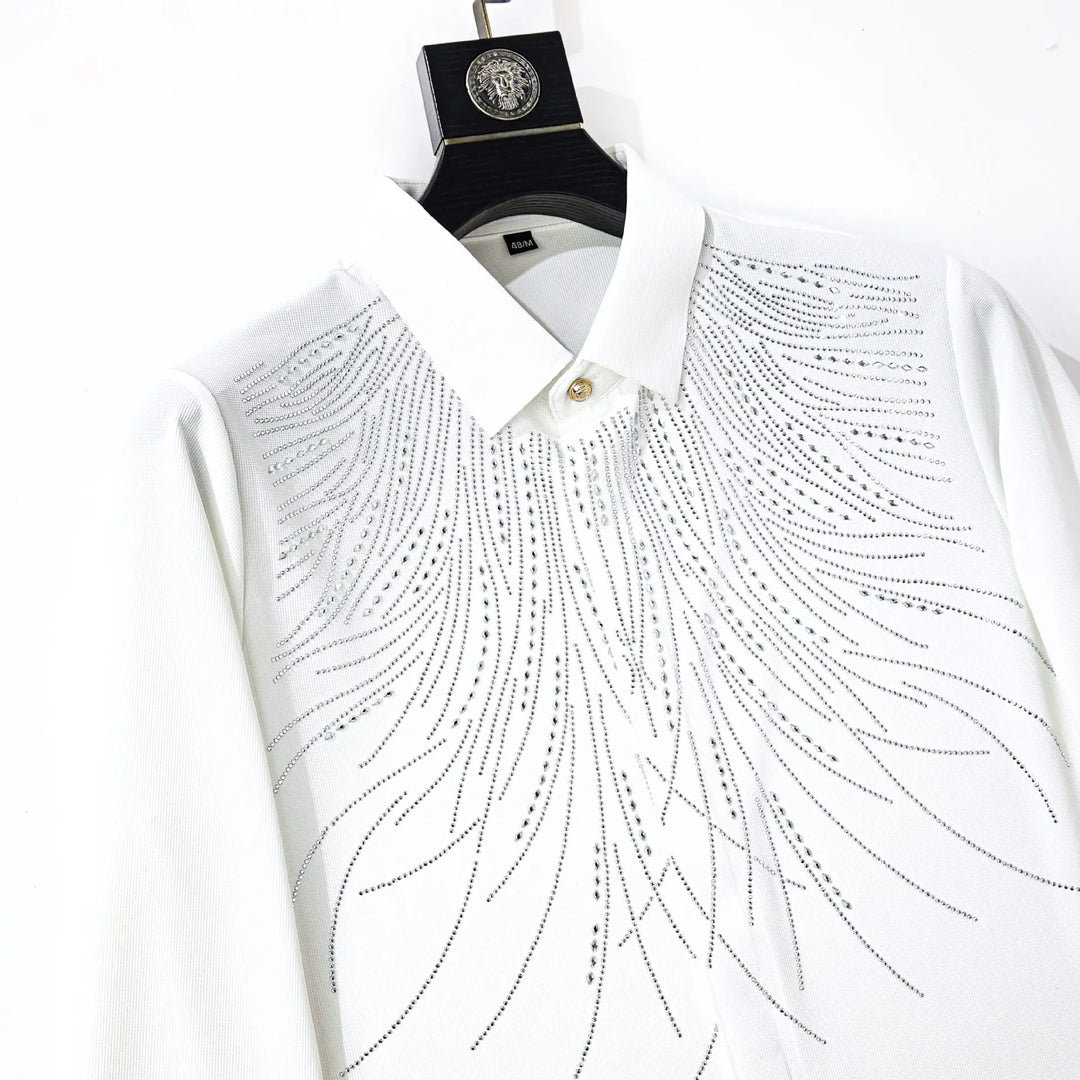 White rhinestone social shirt with spread collar and cascading studded feather design