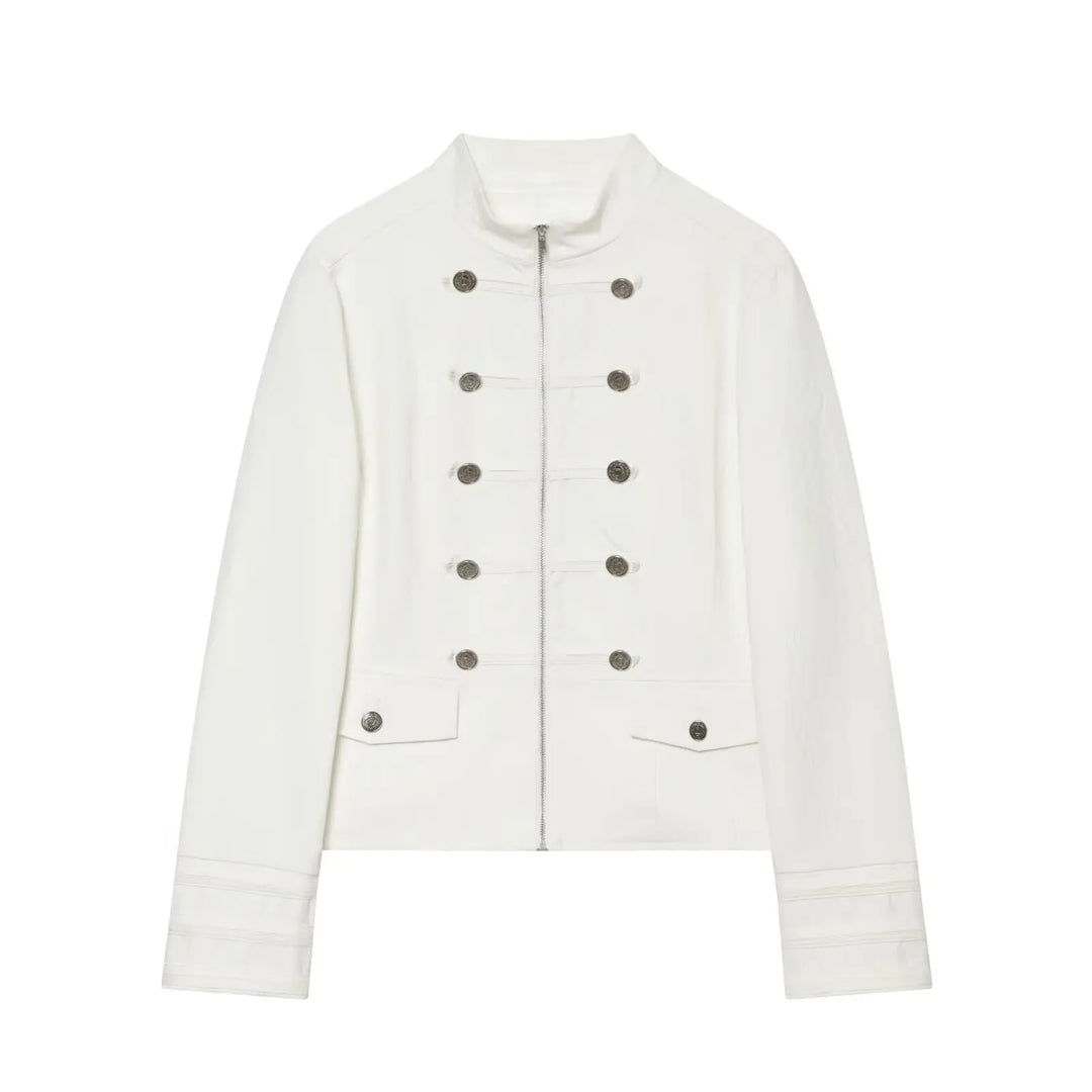White high-neck cropped blazer with front zip and double-row snap buttons