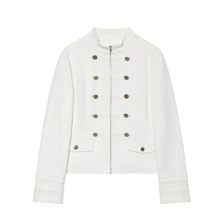 White high-neck cropped blazer with front zip and double-row snap buttons