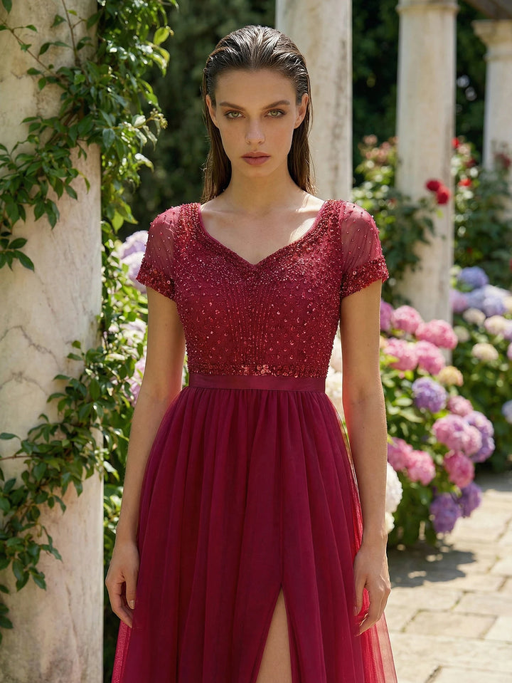 Lovely Beaded High Slit Prom Dress