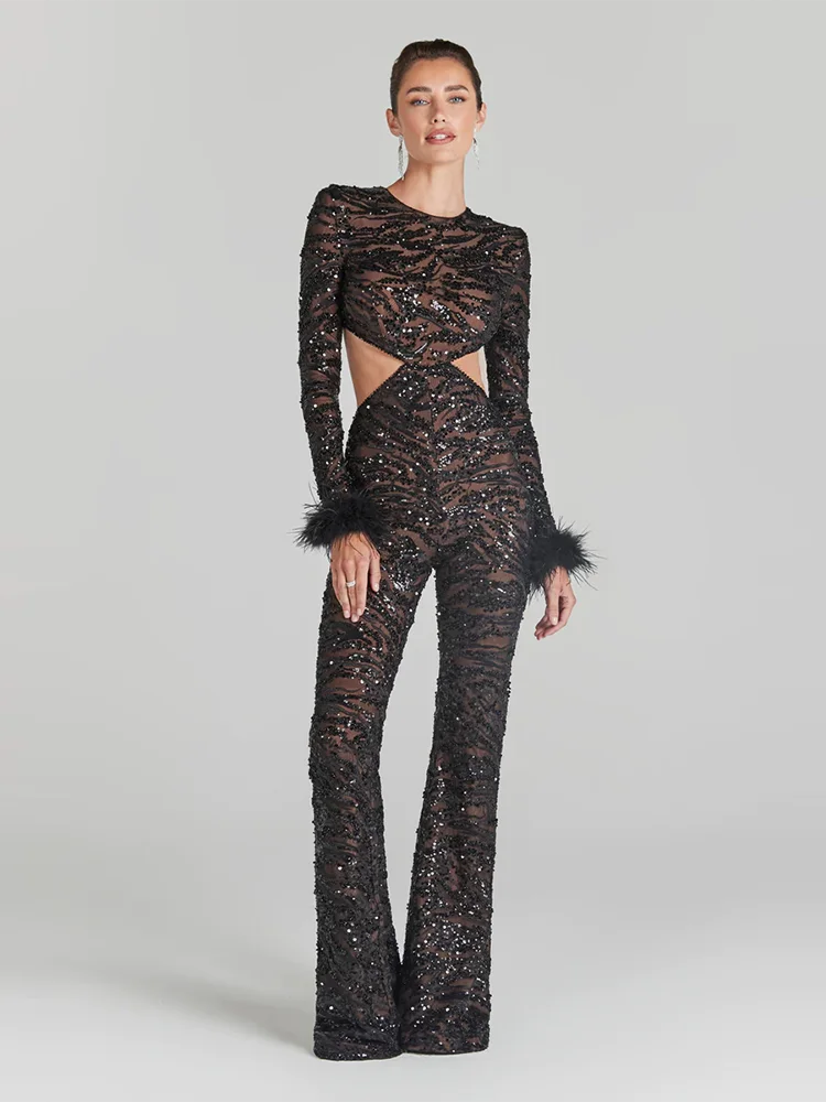 Sequins Feather Cocktail Jumpsuit